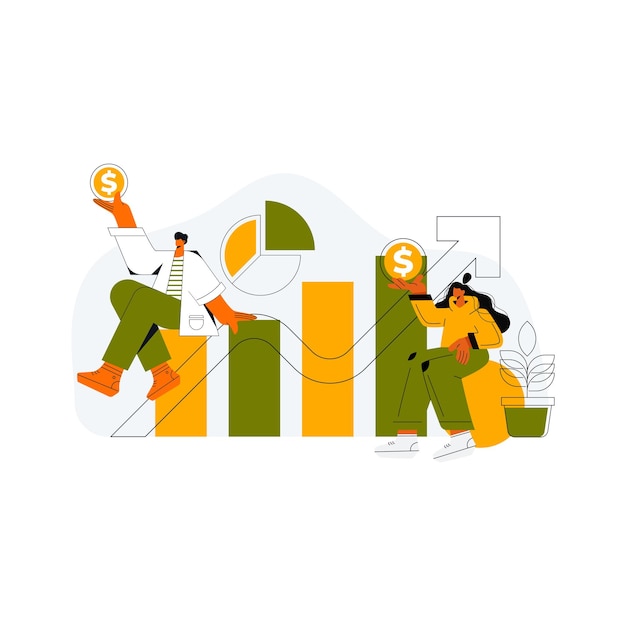 Diseño vectorial plano estadístico y análisis de datos para el concepto de inversión financiera empresarial Ilustración vectorial plana aislada sobre fondo blanco