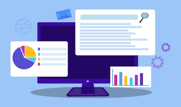 Diseño vectorial plano estadístico y análisis de datos para el concepto de inversión financiera empresarial con monitor de computadora sobre fondo azul