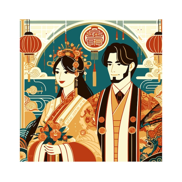 Vector diseño vectorial plano de una hermosa pareja en el día de año nuevo chino en estilo art nouveau
