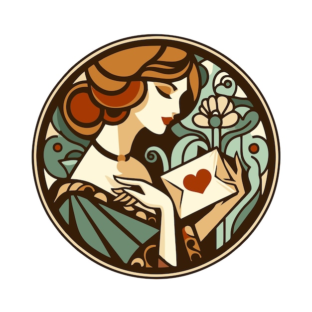 diseño vectorial plano de mujer sosteniendo carta de amor en estilo art nouveau