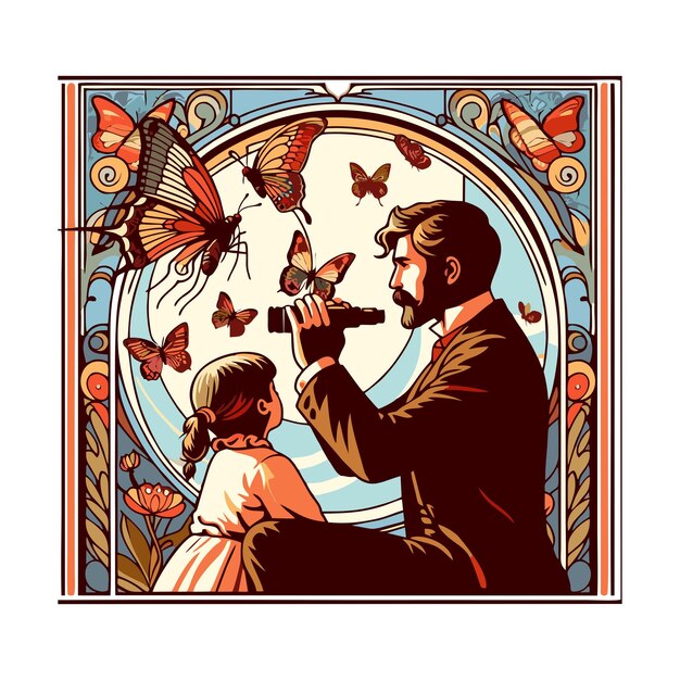 Vector diseño vectorial plano de padre e hijo mirando mariposas