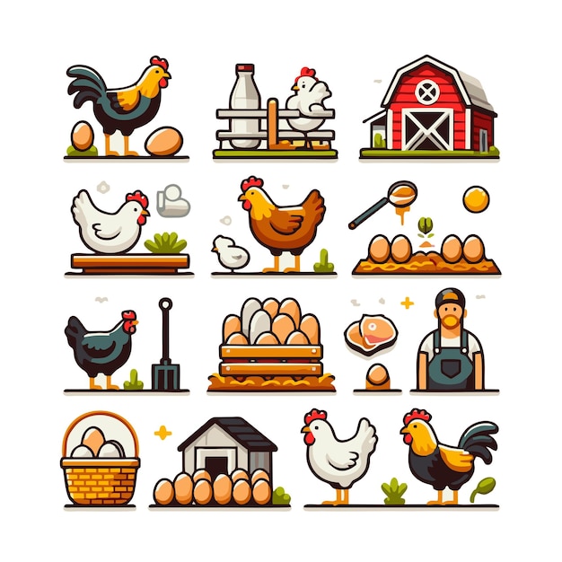 diseño vectorial plano del paquete de iconos de cría de pollo