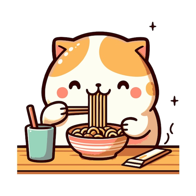 diseño vectorial plano de personaje gato comiendo fideos largos