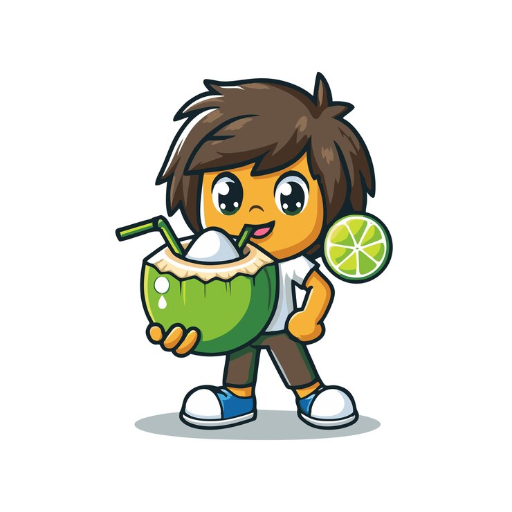 Vector diseño vectorial plano de un personaje plano de un niño que ofrece hielo de coco fresco