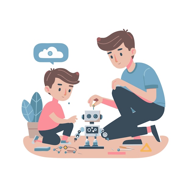 diseño vectorial plano de personajes padre e hijo haciendo un robot