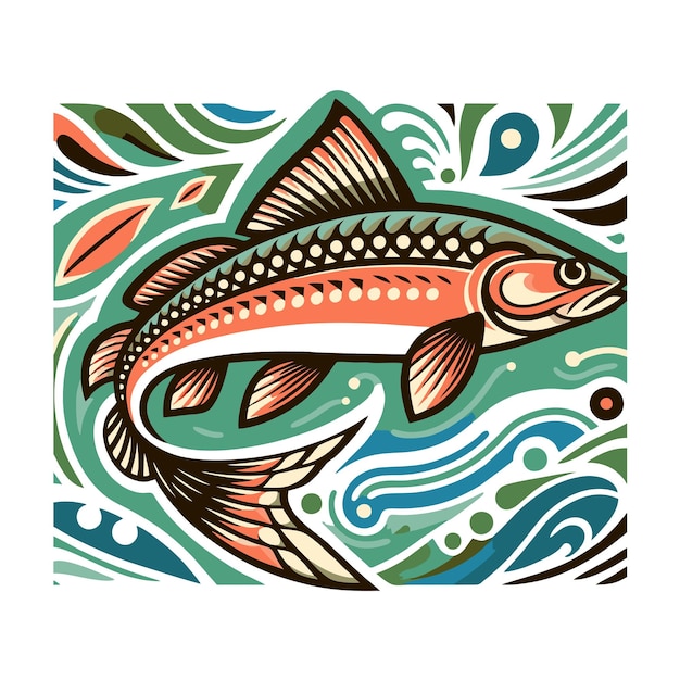 Vector diseño vectorial plano de pescado salmón en estilo art nouveau