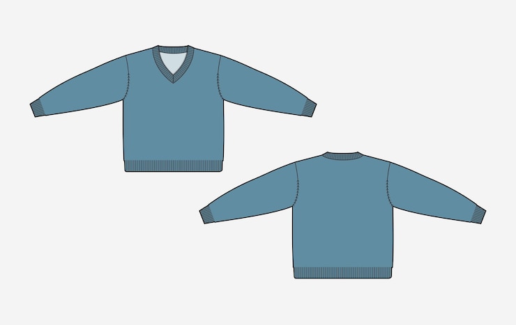 Vector diseño vectorial de plantilla de suéter de cuello en v diseño de ilustración de boceto técnico vista delantera y trasera