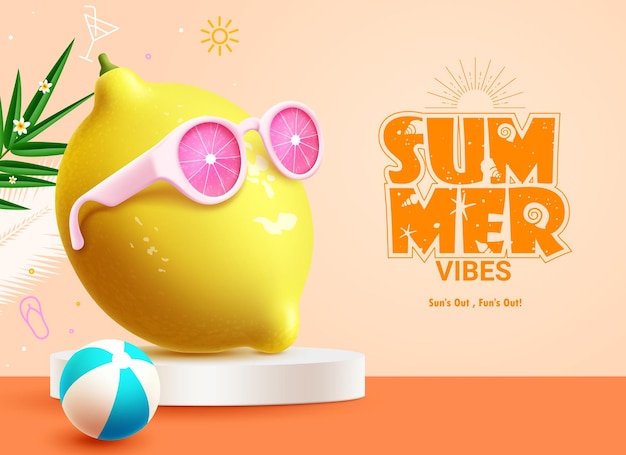 Diseño vectorial de podio de limón de verano Texto de vibraciones de verano con frutas de limón con elementos de gafas de sol