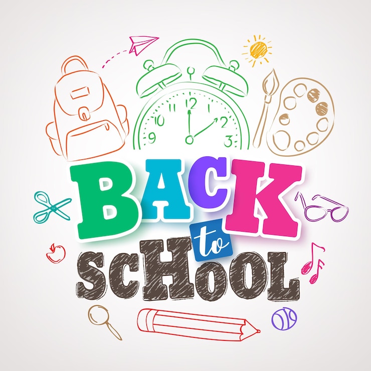 Vector diseño vectorial de regreso a la escuela con texto de título colorido rodeado de elementos escolares