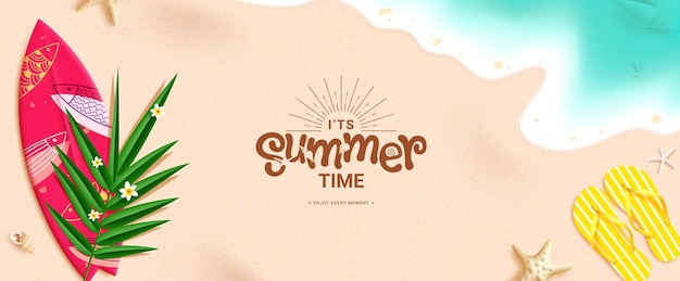 Diseño vectorial de saludo a la hora de verano Su texto de hora de verano en el espacio de arena con hoja de palma de tabla de surf
