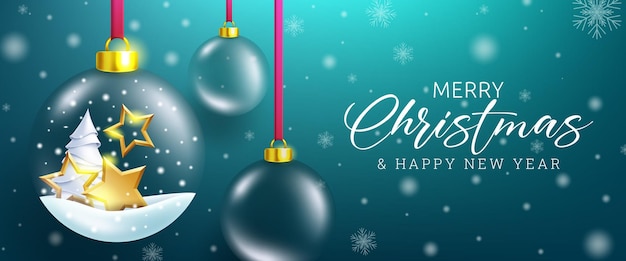 Diseño vectorial de saludo de Nochebuena. Texto de feliz navidad con bolas de cristal colgantes en la nieve.