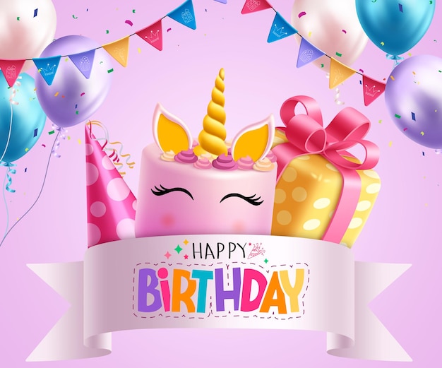 Diseño vectorial de saludos de cumpleaños Feliz cumpleaños texto de saludos con sombrero de fiesta de pastel de unicornio y regalo