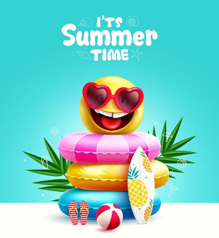 Vector diseño vectorial de saludos de hora de verano texto de tiempo de verano con emoji sonriendo con gafas de sol y playa