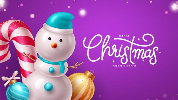 Diseño vectorial de saludos de Navidad Hombre de nieve con bolas de patrón de caña de caramelo y estrellas brillantes