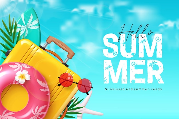 Diseño vectorial de saludos de verano Saludos de verano texto de saludos con equipaje bolsas amarillas flotantes