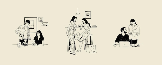 Diseño vectorial de set de cafetería con estilo vintage retro dibujado a mano Ilustraciones vectoriales de personas