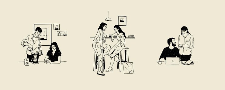 Diseño vectorial de set de cafetería con estilo vintage retro dibujado a mano Ilustraciones vectoriales de personas