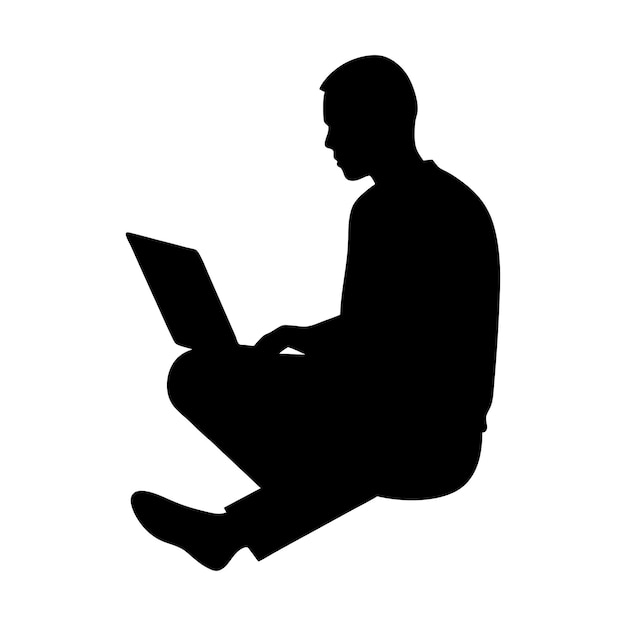 Diseño vectorial de silueta de hombre sentado y usando portátil