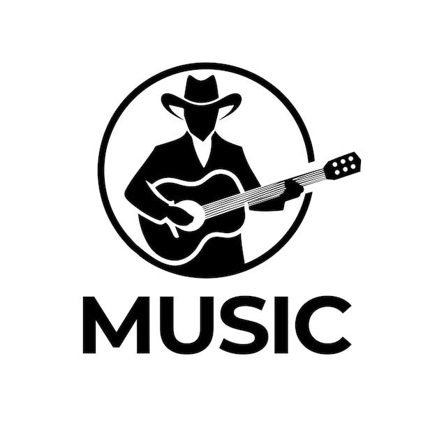 Diseño vectorial de silueta de hombre con sombrero de vaquero tocando guitarra clásica Sello con línea circular para el logotipo del instrumento musical