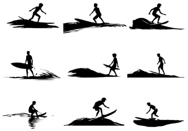diseño vectorial de silueta de surf paquete fondo blanco