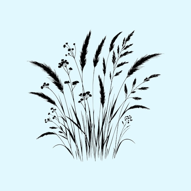 Diseño vectorial de siluetas de flores de hierba y árboles
