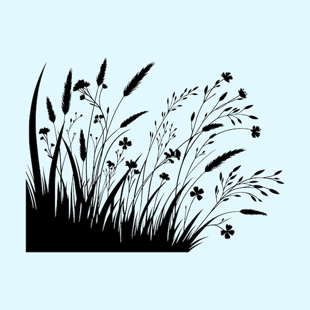 Diseño vectorial de siluetas de flores de hierba y árboles