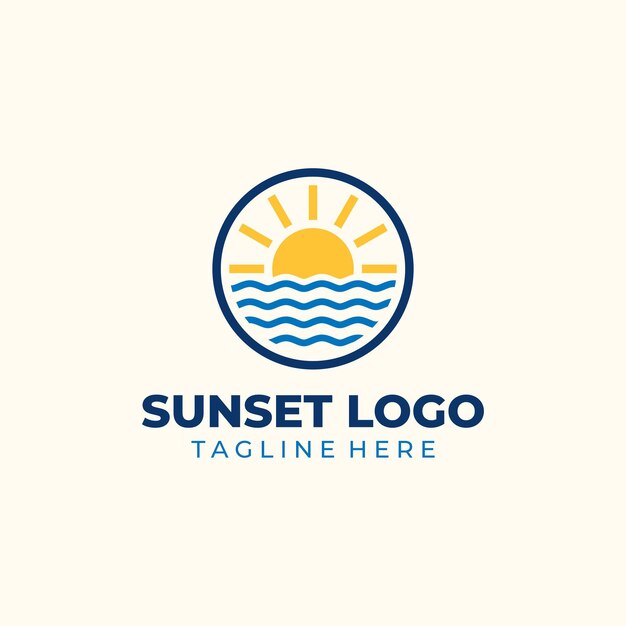 Diseño vectorial simple del logotipo del atardecer en la playa Ilustración del paisaje marítimo Vector de lugares de vacaciones