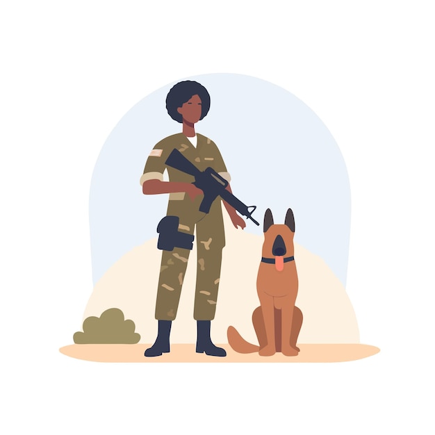 Vector diseño vectorial de soldado femenino con un perro