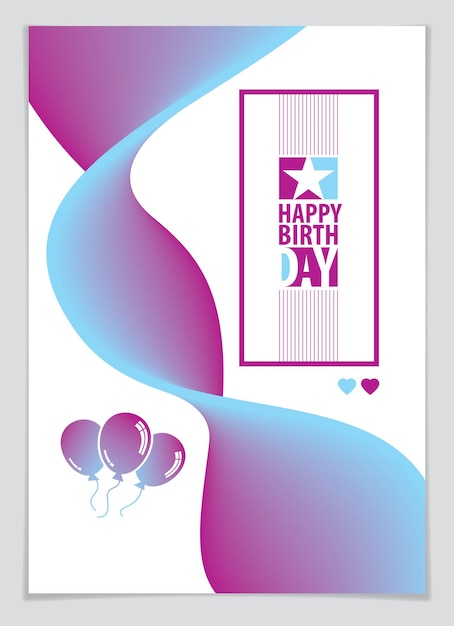 Diseño vectorial de tarjetas de felicitación de cumpleaños. Incluye composición de letras y globos combinados con fondo abstracto de forma fluida y colorida ondulada. Formato A4 con colores CMYK aceptables para la impresión.