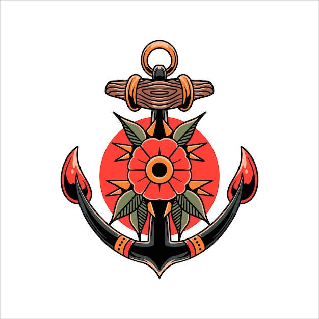 diseño vectorial de tatuaje de anclaje y flor