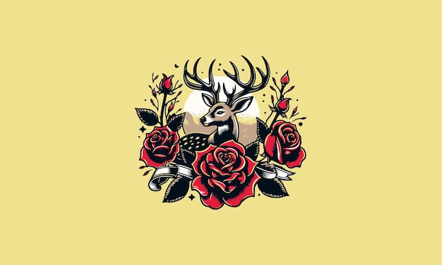 diseño vectorial de tatuaje de cabeza de ciervo y rosa escarlata