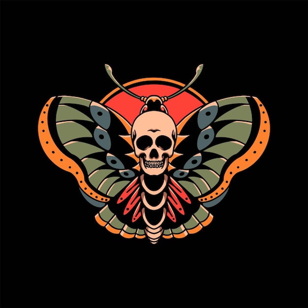 Diseño vectorial de tatuaje de mariposa del cráneo