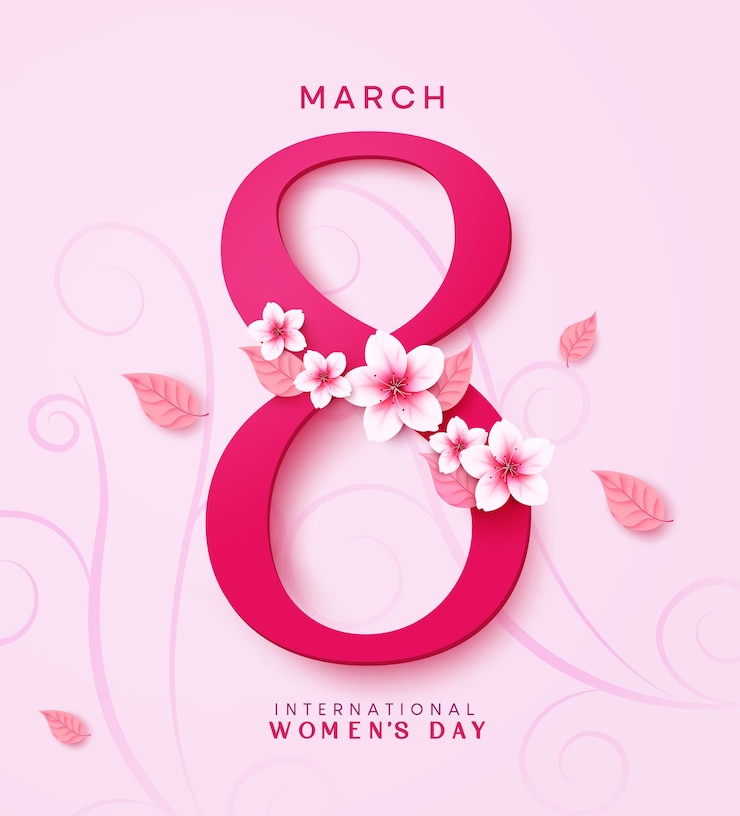 Vector diseño vectorial de texto del 8 de marzo. celebración del día internacional de la mujer con elementos de flores y hojas.