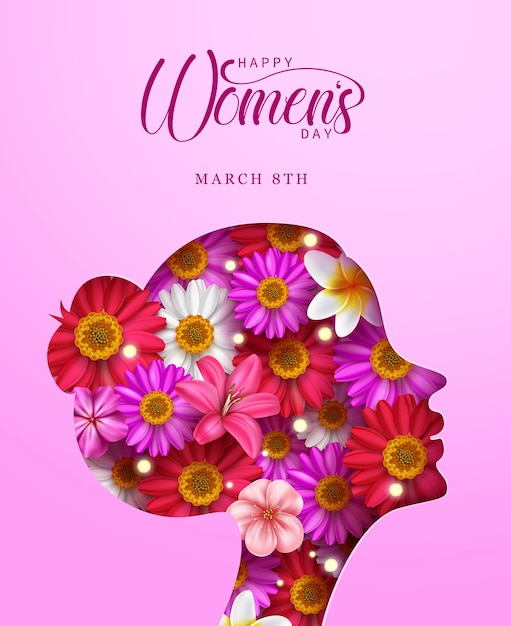 Diseño vectorial de texto del día de la mujer feliz. silueta de mujer niña con elementos de flores florecientes para marzo