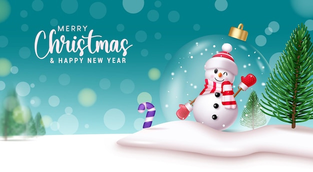 Diseño vectorial de texto de Feliz Navidad Hombre de Nieve personaje en bola de cristal de cristal adorno de Navidad