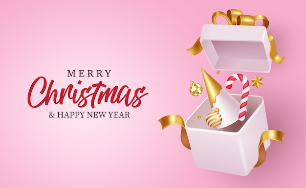 Diseño vectorial de texto de Feliz Navidad Tarjeta de felicitación de la temporada navideña con regalo sorpresa