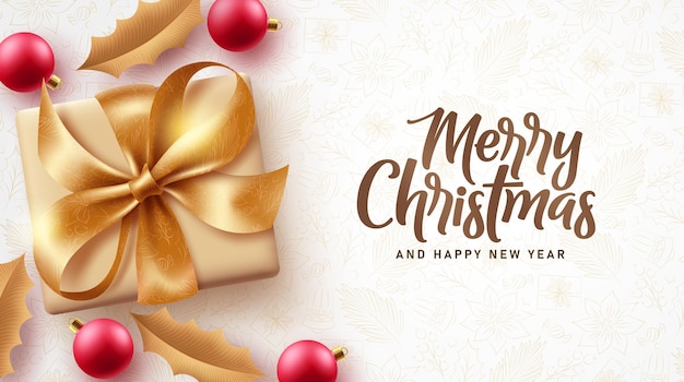 Diseño vectorial de texto de feliz Navidad. Tipografía de navidad y año nuevo en el espacio del patrón con oro