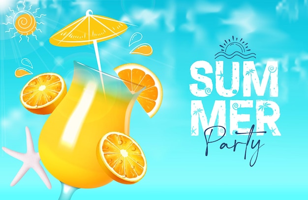 Vector diseño vectorial de texto de la fiesta de verano invitación a la festa de verano con elemento de refresco de bebida de frutas de naranja