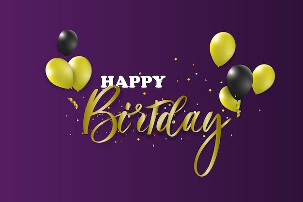 Diseño vectorial de tipografía de cumpleaños feliz para tarjetas de felicitación y cartel con confeti de globos y plantilla de diseño de caja de regalos para la celebración de cumpleañas