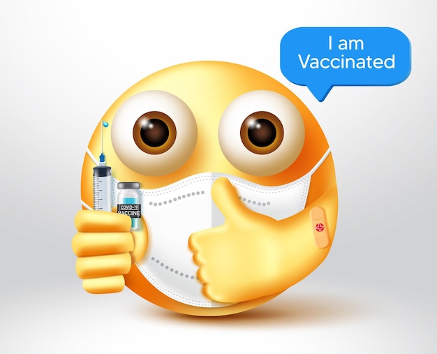 Diseño vectorial de vacuna emoji covid-19. Personaje emojis en 3d con estoy vacunado.