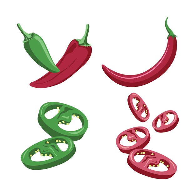 Diseño vectorial de verduras de pimienta picante roja y verde