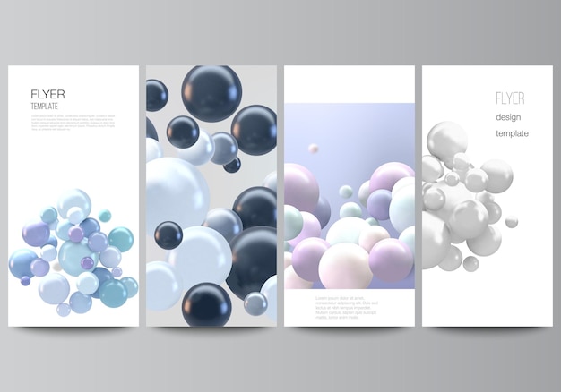 Diseño vectorial de volante, plantillas de banner para diseño publicitario de sitios web, diseño de folletos verticales, fondos de decoración de sitios web. Fondo de vector realista con esferas 3d multicolores, burbujas, bolas