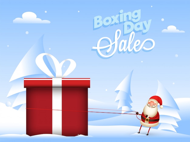 Diseño de venta de Boxing Day con papel cortado árbol de Navidad e ilustración de santa tirando de la cuerda de la caja de regalo en la nieve