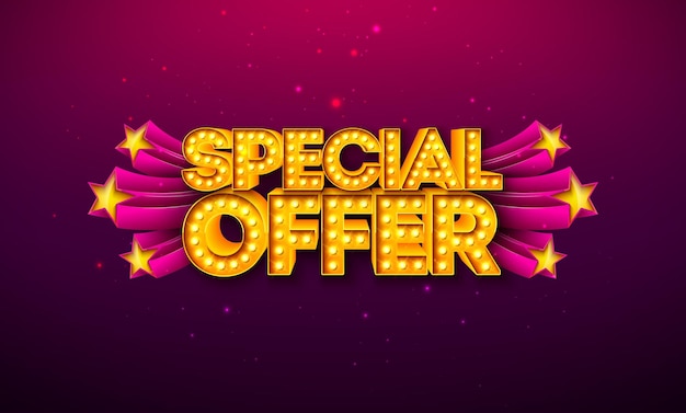 Diseño de venta especial del día de compras con letras de texto de bombilla y símbolos de estrellas