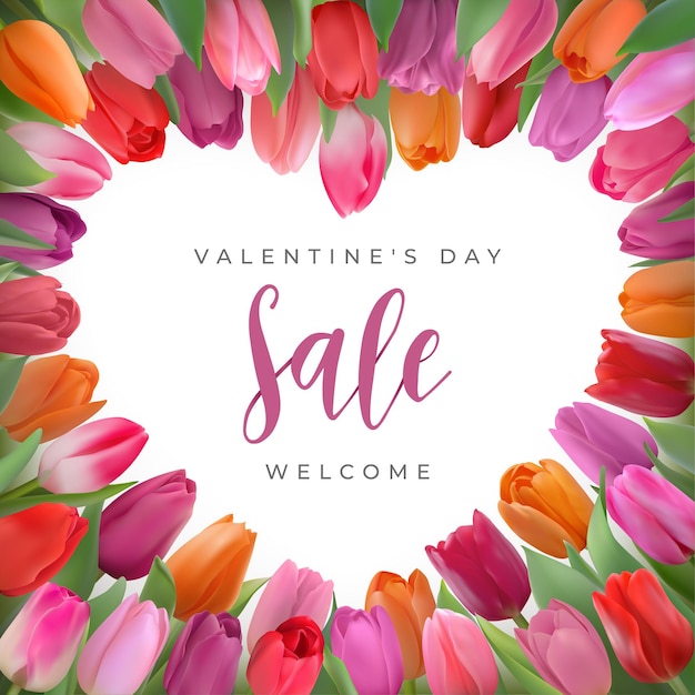 Diseño de venta de feliz día de san valentín con tulipanes fotorrealistas multicolores. muchas flores delicadas en forma de corazón con lugar para texto