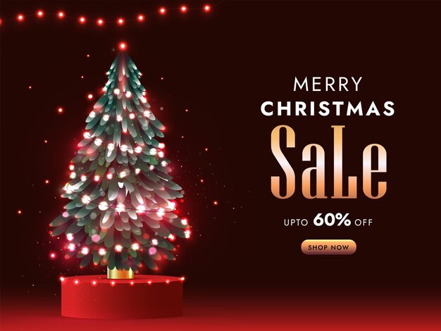 Diseño de venta de feliz Navidad con árbol de Navidad decorativo realista y hermosas luces