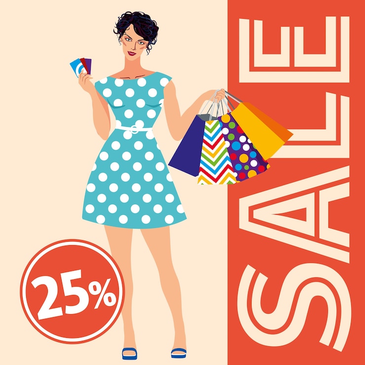 Vector diseño de venta hermosa chica en vestido retro tiene en sus manos muchas compras y tarjetas de descuento