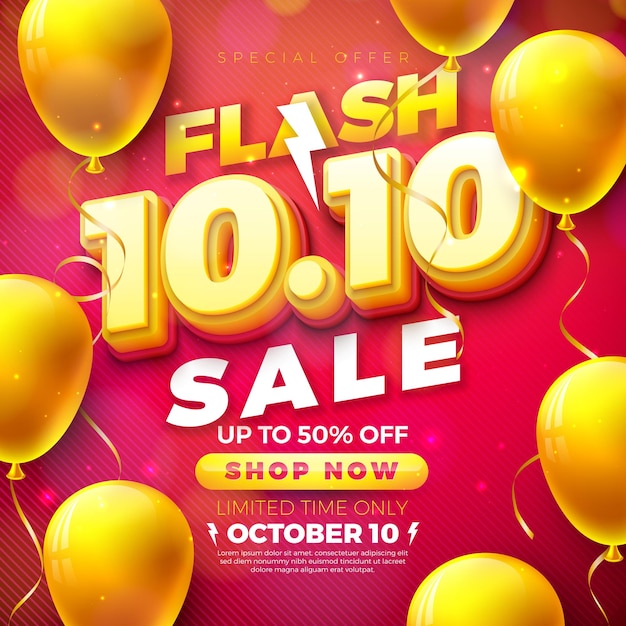diseño de venta instantánea del día de compras de octubre con número d y globo de fiesta en confeti rojo que cae