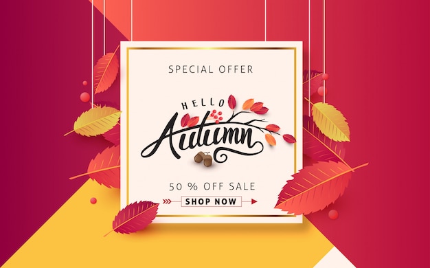 Diseño de venta de otoño decorar con hojas para banner de web de venta de compras.