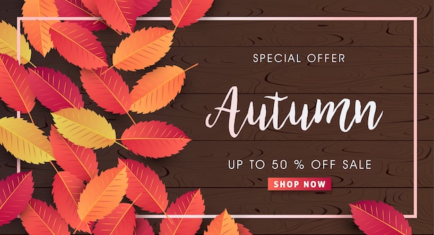 Diseño de venta de otoño decorar con hojas para banner de web de venta de compras.